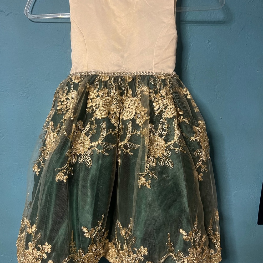 Elegant White and Green Dress with Gold Embroidery